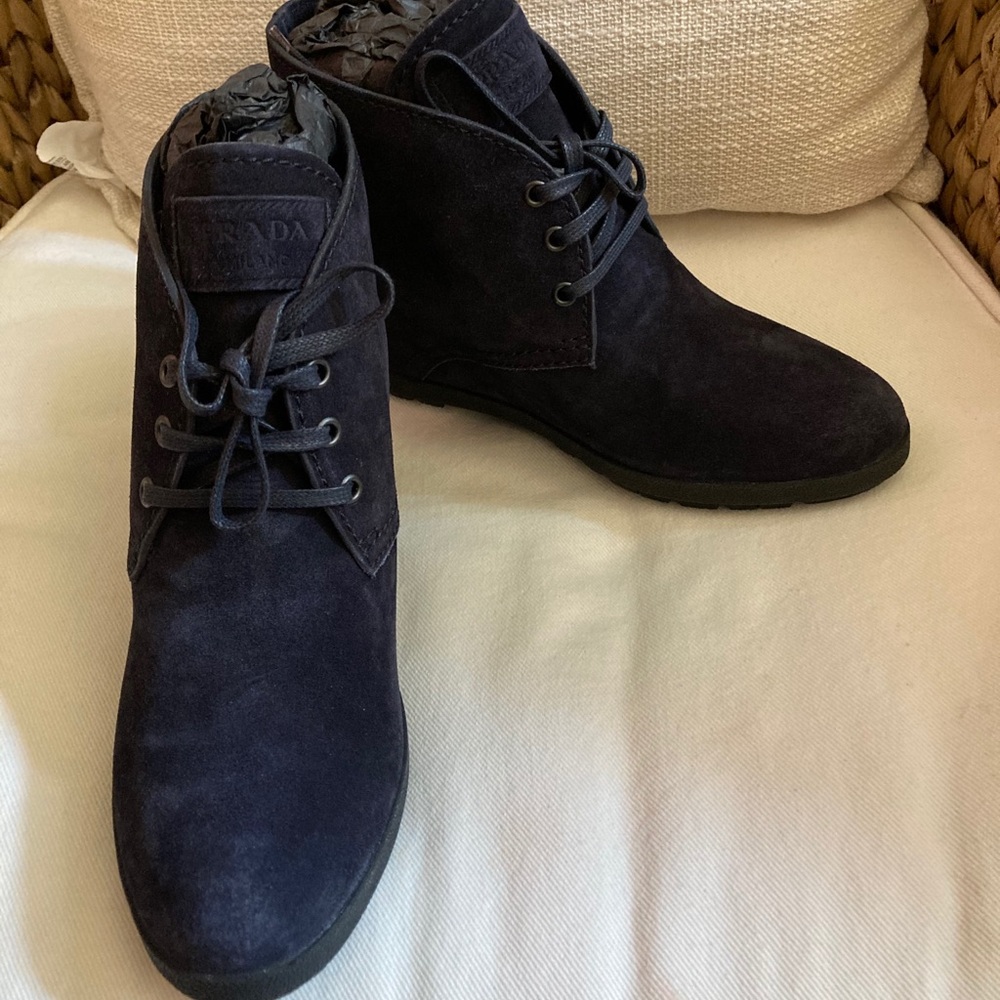 Prada Blue Suede Ankle Booties Wedge Shoe 37